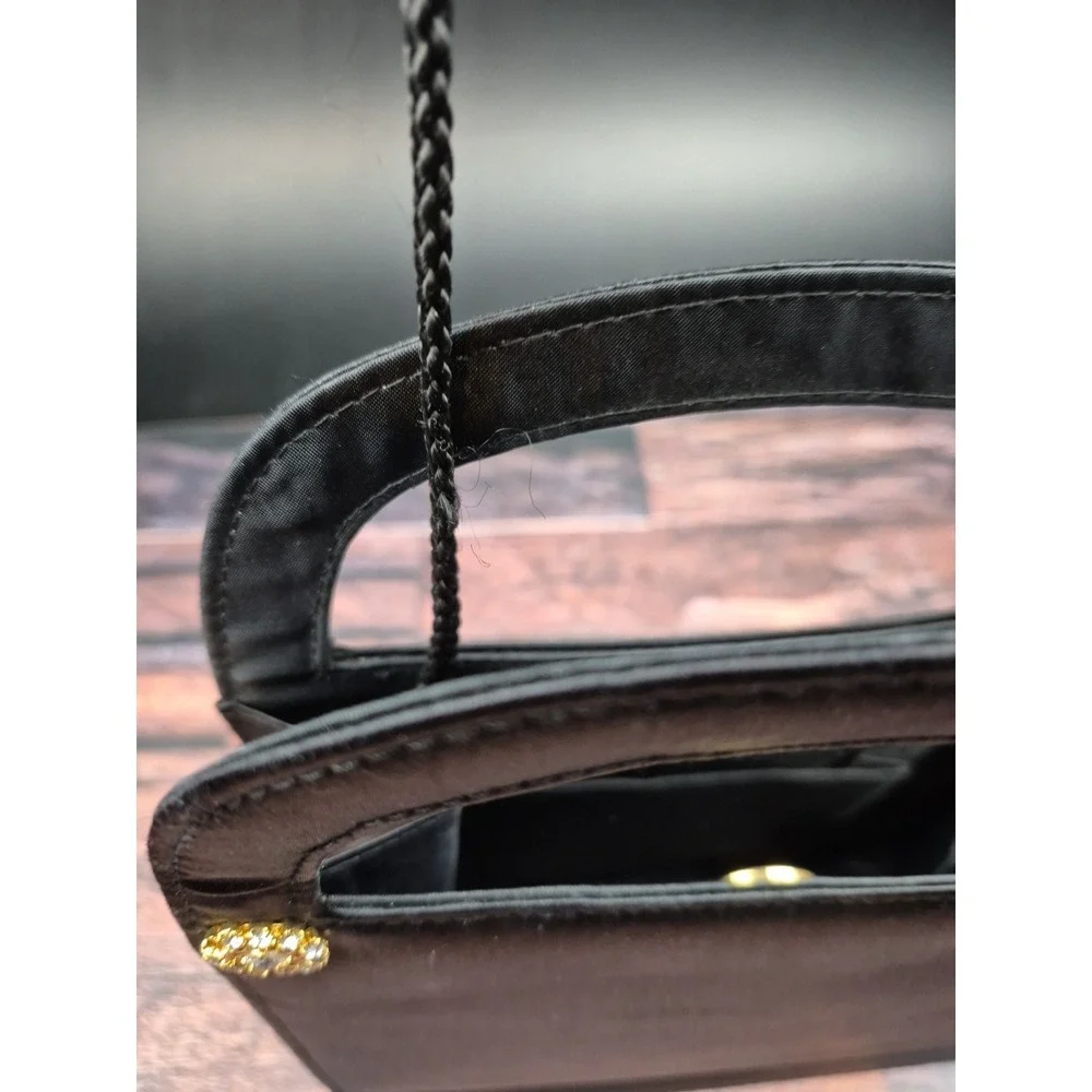 Black Satin Evening Bag Gold Bling Rope Strap Foldable Purse Wedding Prom Travel